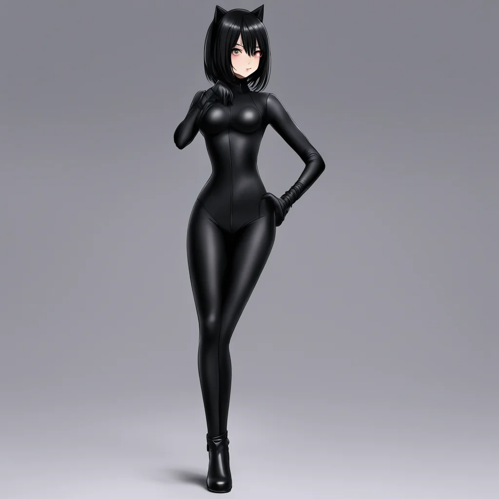 anime girl with waist length black hair covering her right eye wearing a skintight black spandex catsuit with matching boots and gloves good looking trending fantastic 1 good looking trending fantas