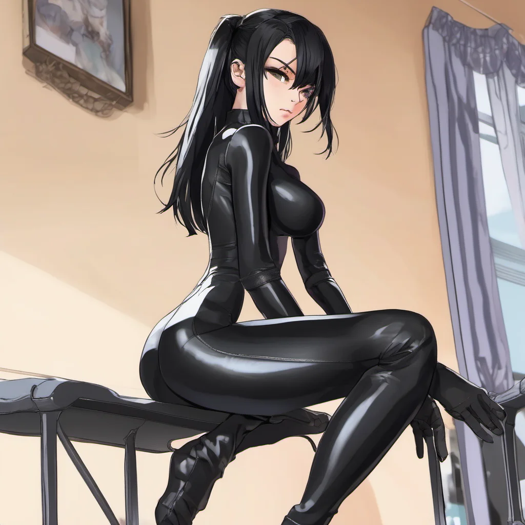anime girl with waist length black hair covering her right eye wearing a skintight black spandex catsuit with matching boots and gloves good looking trending fantastic 1