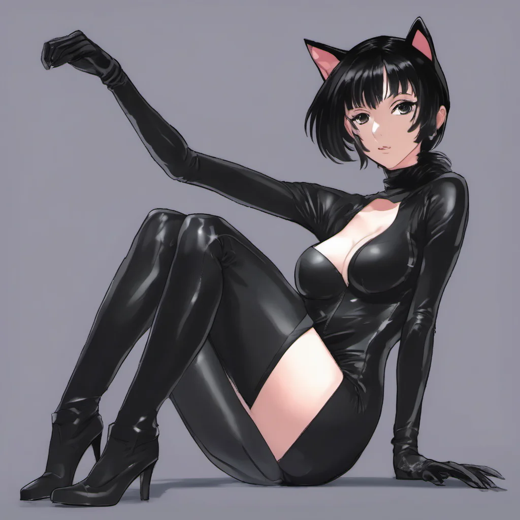 anime girl with waist length black hair covering her right eye wearing a skintight black spandex catsuit with matching boots and gloves