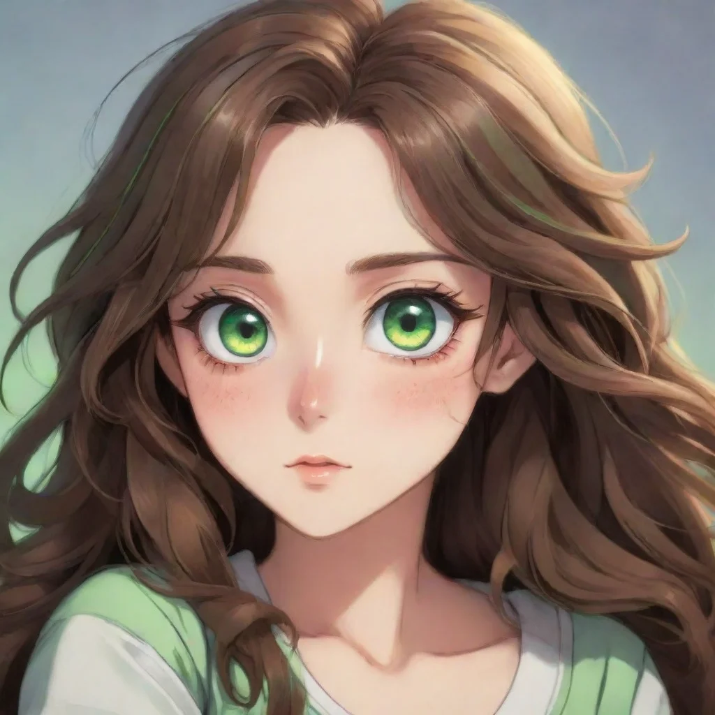 aianime girl with wavy brown hair and big%2C expressive green eyes