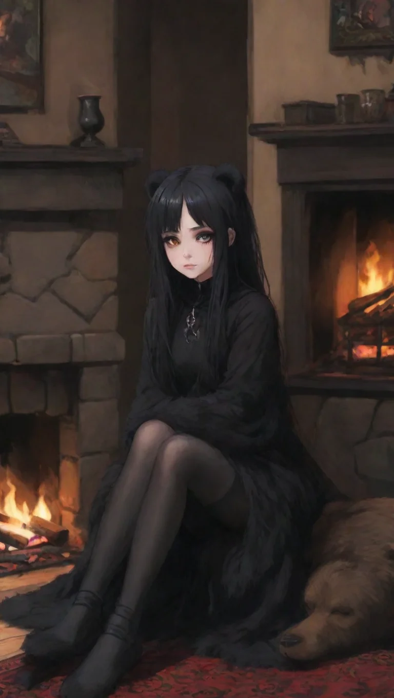 aianime goth girl sitting in front of a fireplace with a bear skin rug  tall