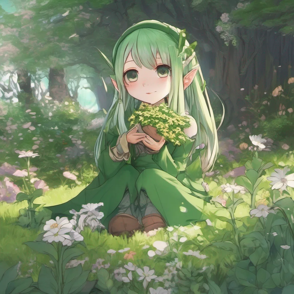 anime green elf is picking flowers 