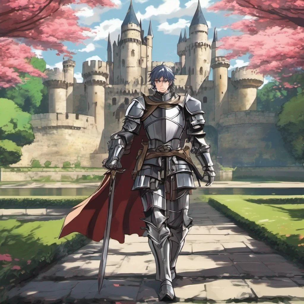 anime knight walking castle in background regal hero  lake moat background good looking trending fantastic 1