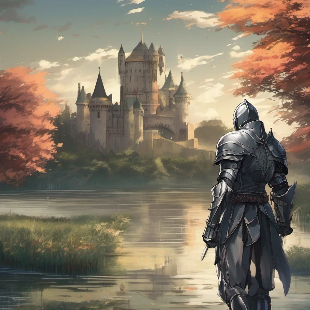 anime knight walking castle in background regal hero  lake moat background