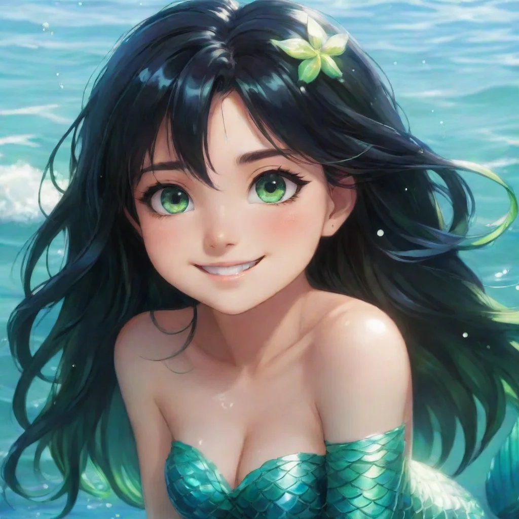aianime mermaid with black hair and green eyes smiling