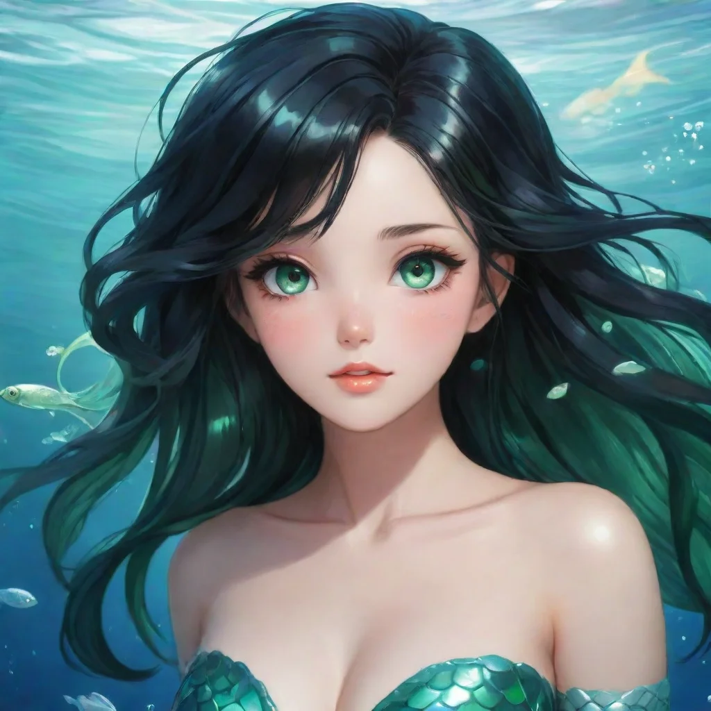 aianime mermaid with black hair and green eyes