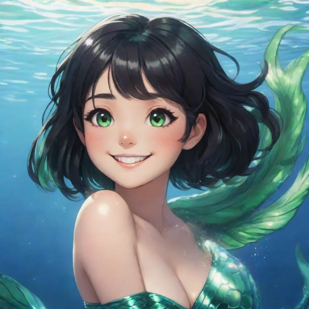 anime mermaid with short black hair and green eyes smiling