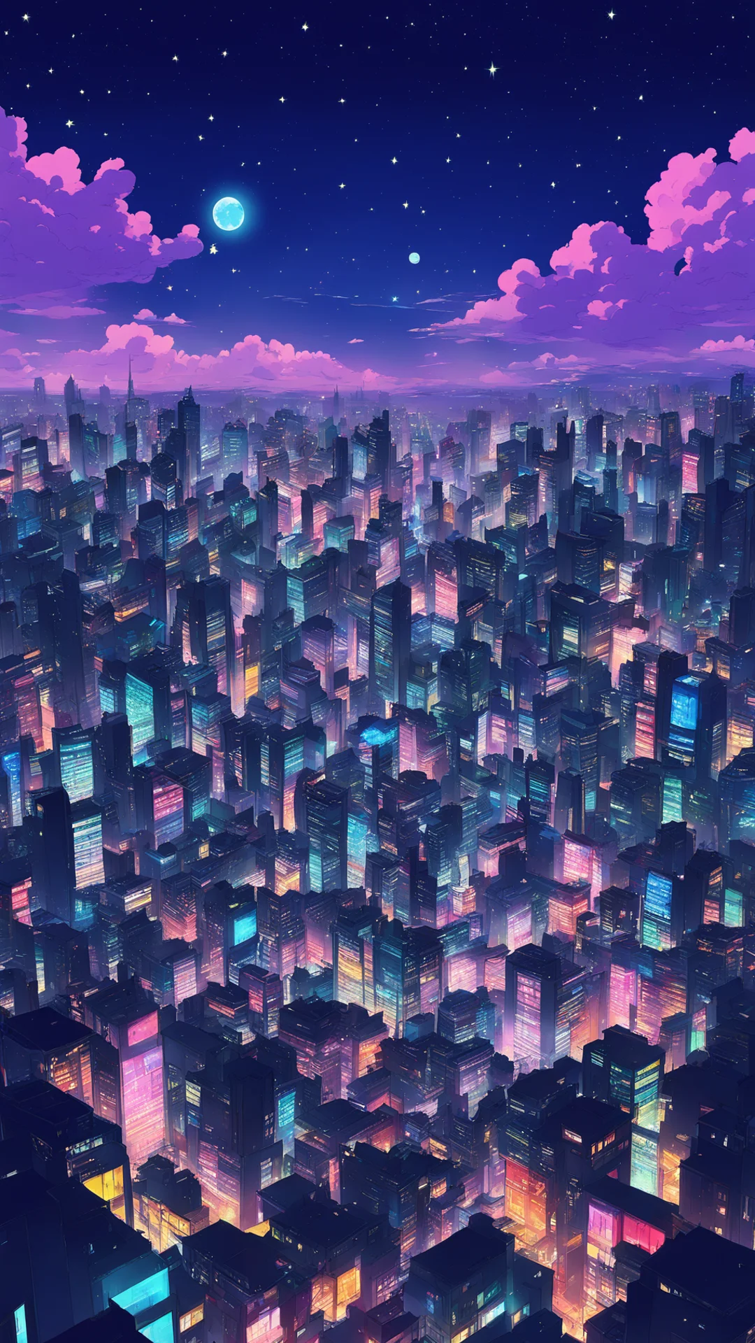 anime night city sky tall
