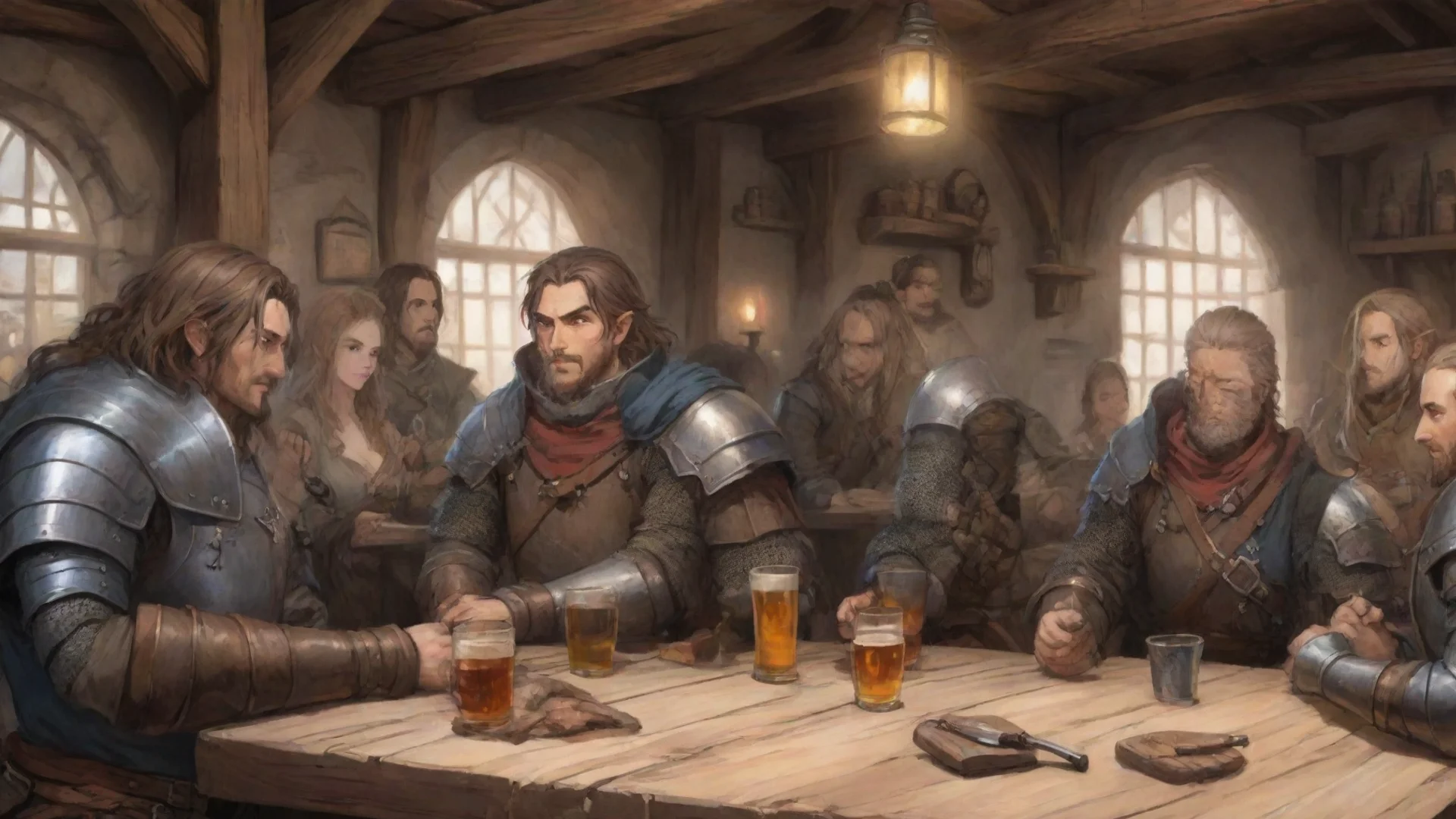 aianime style%2C european medieval rpg tavern with many people drinking%2C close up on a table where three adventurer having a talk%2C they are armored%2C  wide