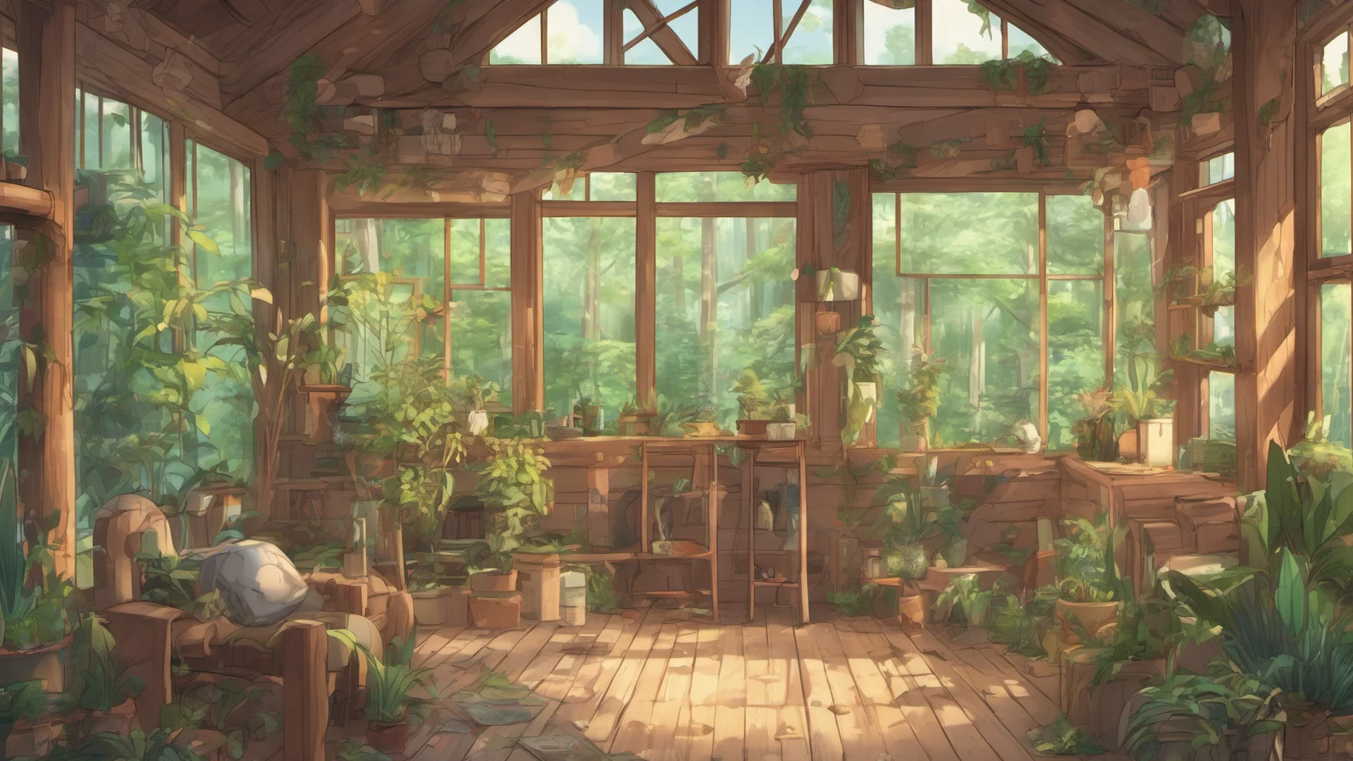 anime style log cabin interior with many plants and large windows looking into a forest amazing awesome portrait 2 wide