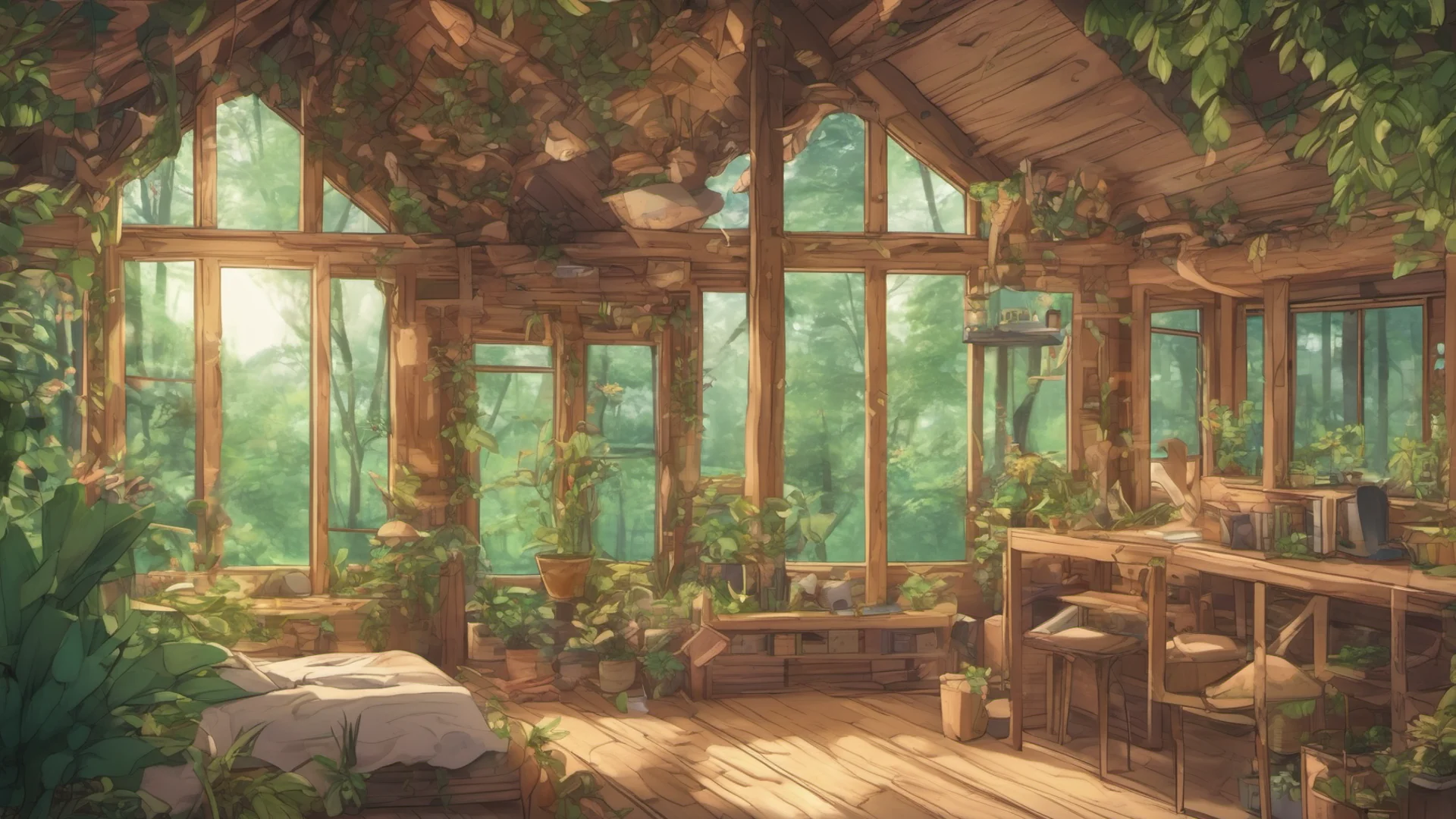 anime style log cabin interior with many plants and large windows looking into a forest confident engaging wow artstation art 3 wide