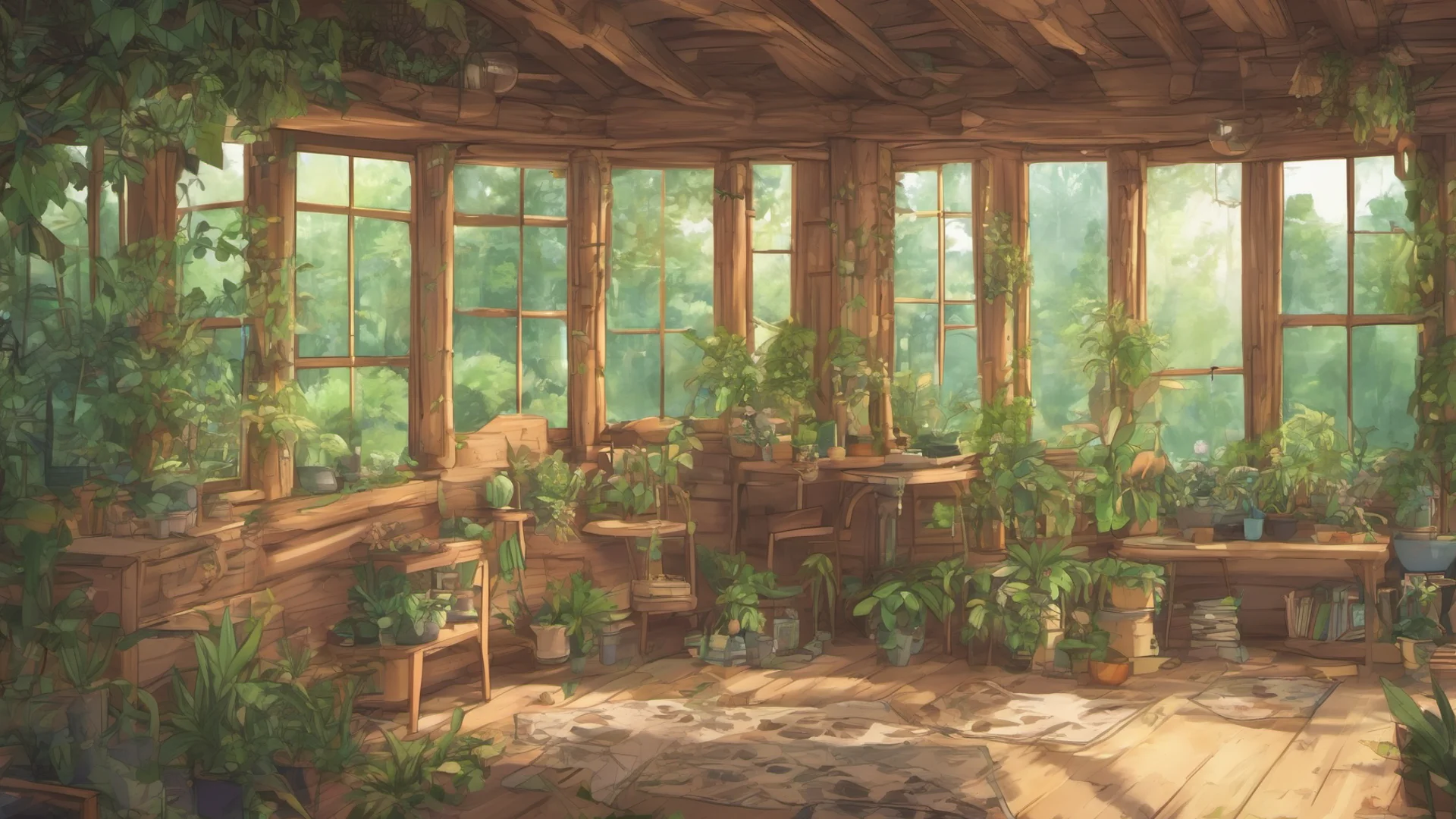anime style log cabin interior with many plants and large windows looking into a forest good looking trending fantastic 1 wide
