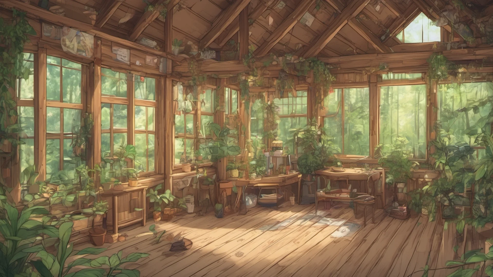 aianime style log cabin interior with many plants and large windows looking into a forest wide