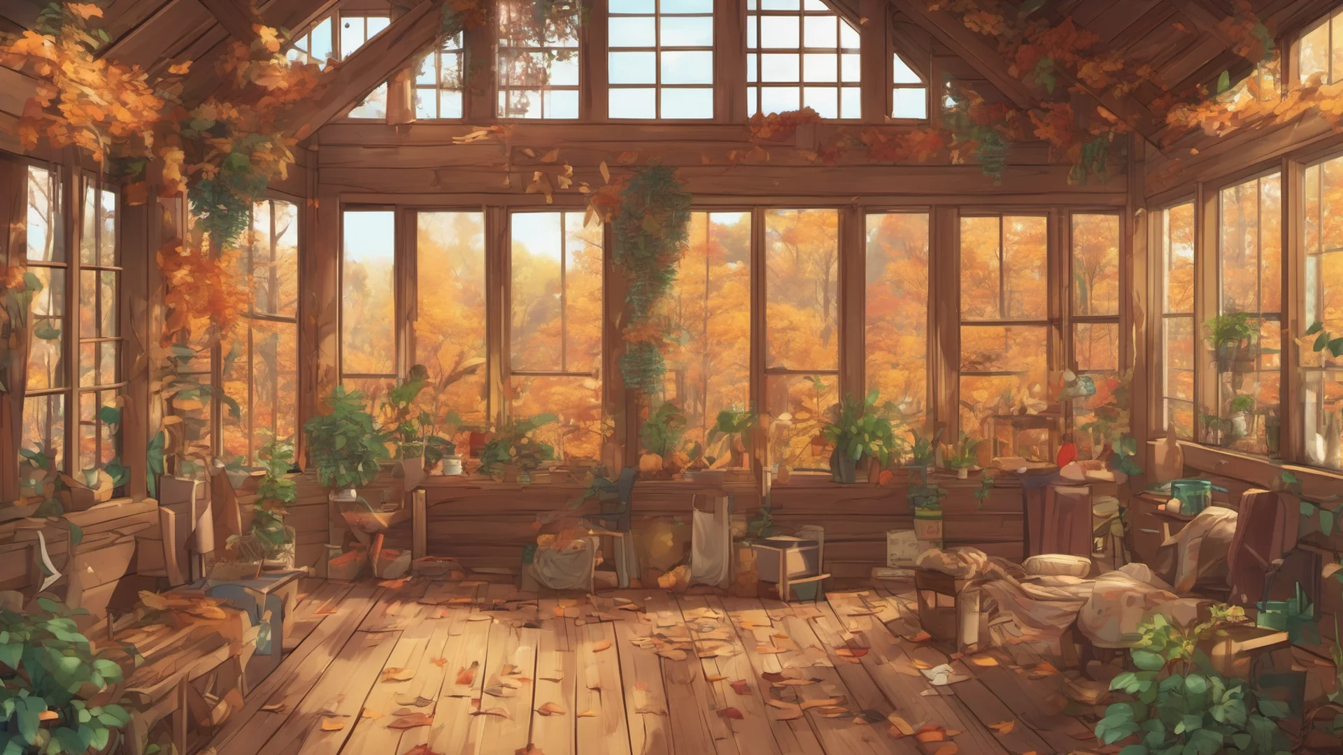aianime style log cabin interior with many plants and large windows looking into an autumn forest amazing awesome portrait 2 wide