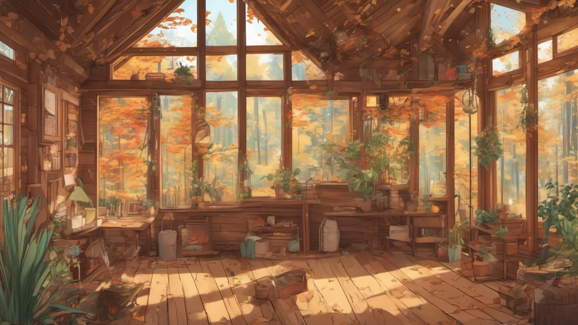 aianime style log cabin interior with many plants and large windows looking into an autumn forest confident engaging wow artstation art 3 wide