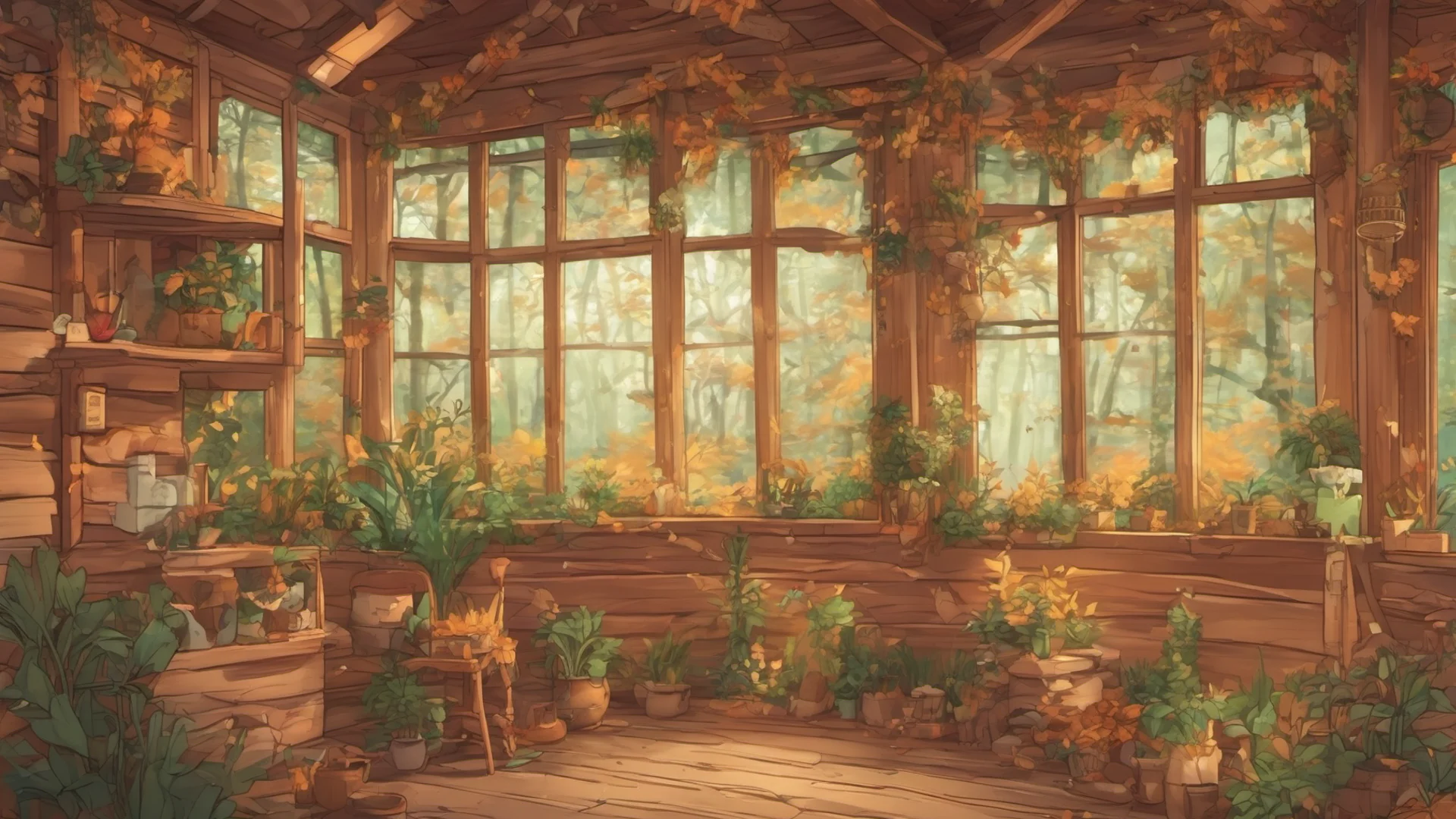 anime style log cabin interior with many plants and large windows looking into an autumn forest good looking trending fantastic 1 wide