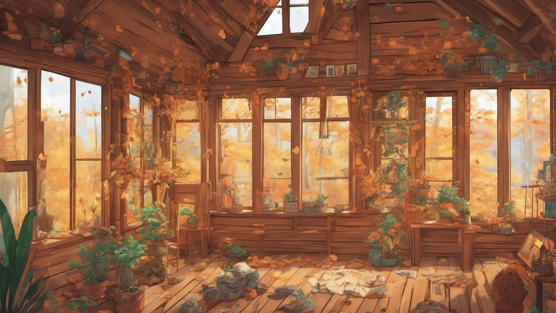 aianime style log cabin interior with many plants and large windows looking into an autumn forest wide
