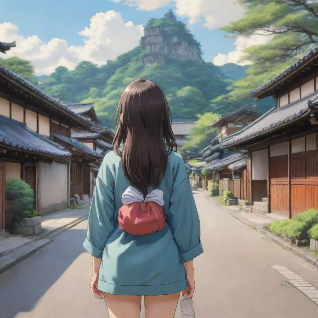 aianime style picture of a young girl viewed from behind standing on the road in a large village with trees and japanese temple style houses