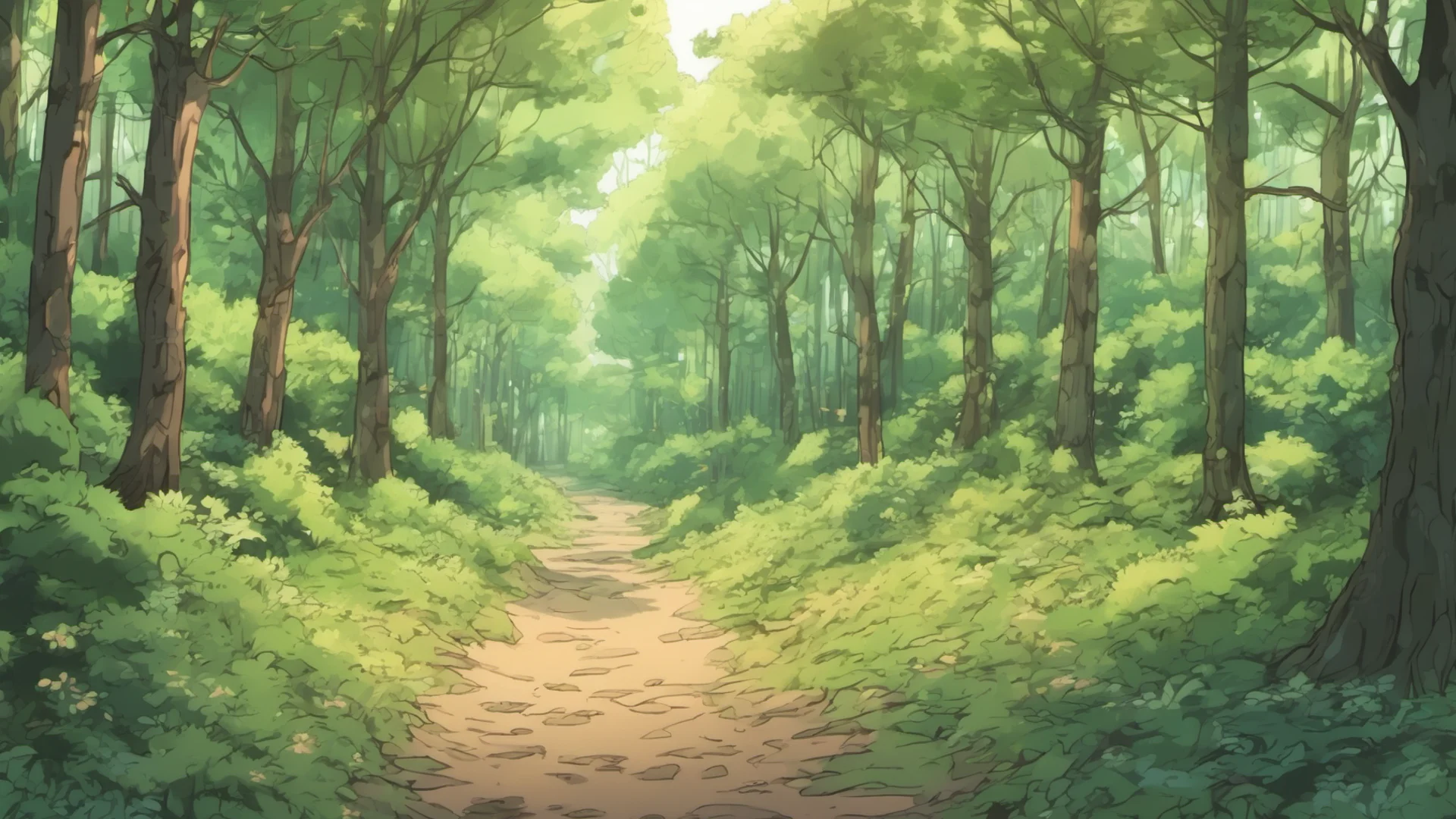 anime style summer forest with a dirt path in the middle wide