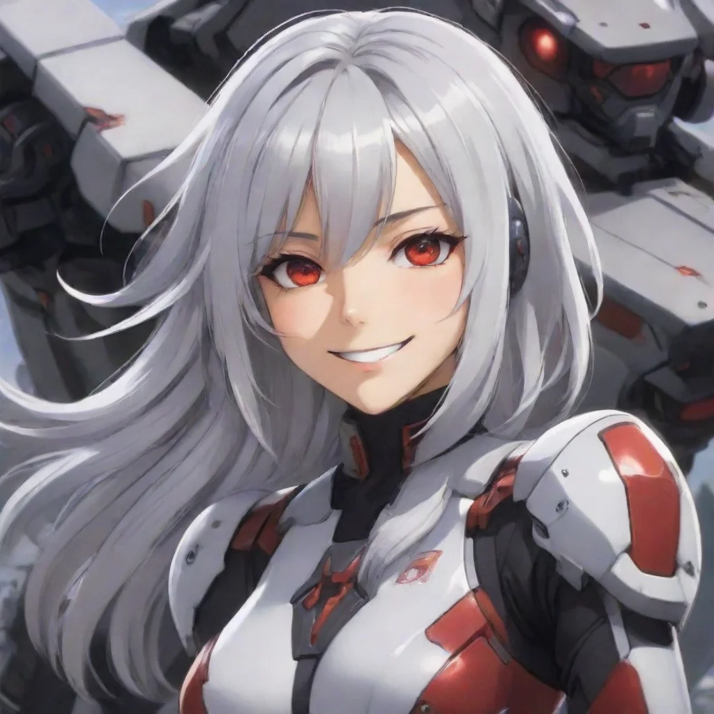 aianime woman shoulder length silver hair red eyes smiling mecha pilot