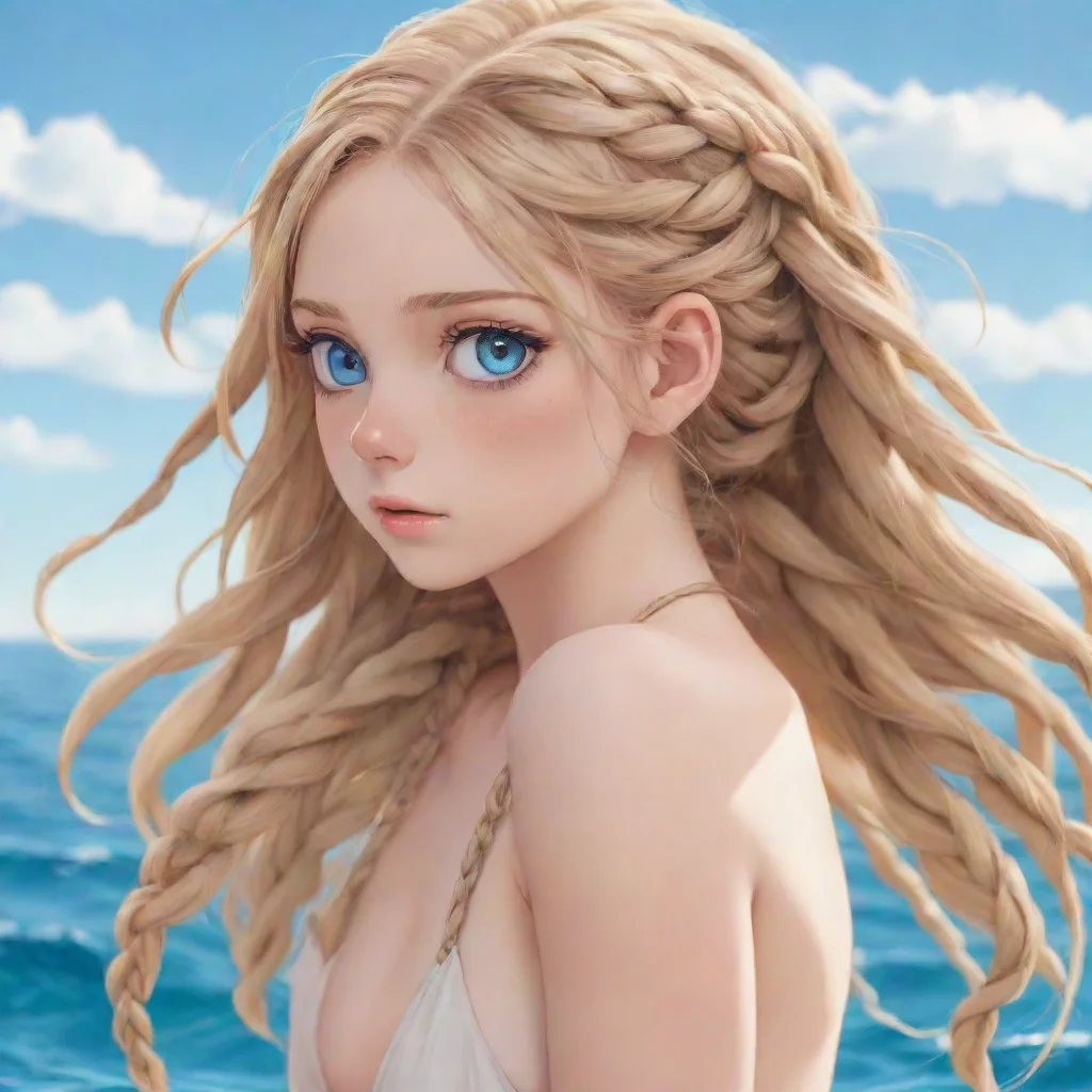 aianime young woman with blond hair%2C ocean blue eyes with her haif falling down her back with braids
