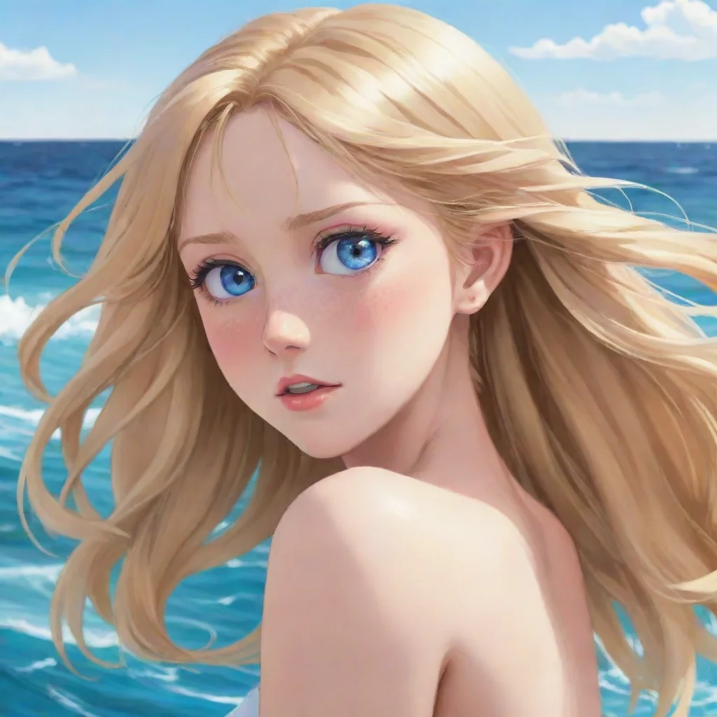 aianime young woman with blond hair%2C ocean blue eyes with her hair falling down her back