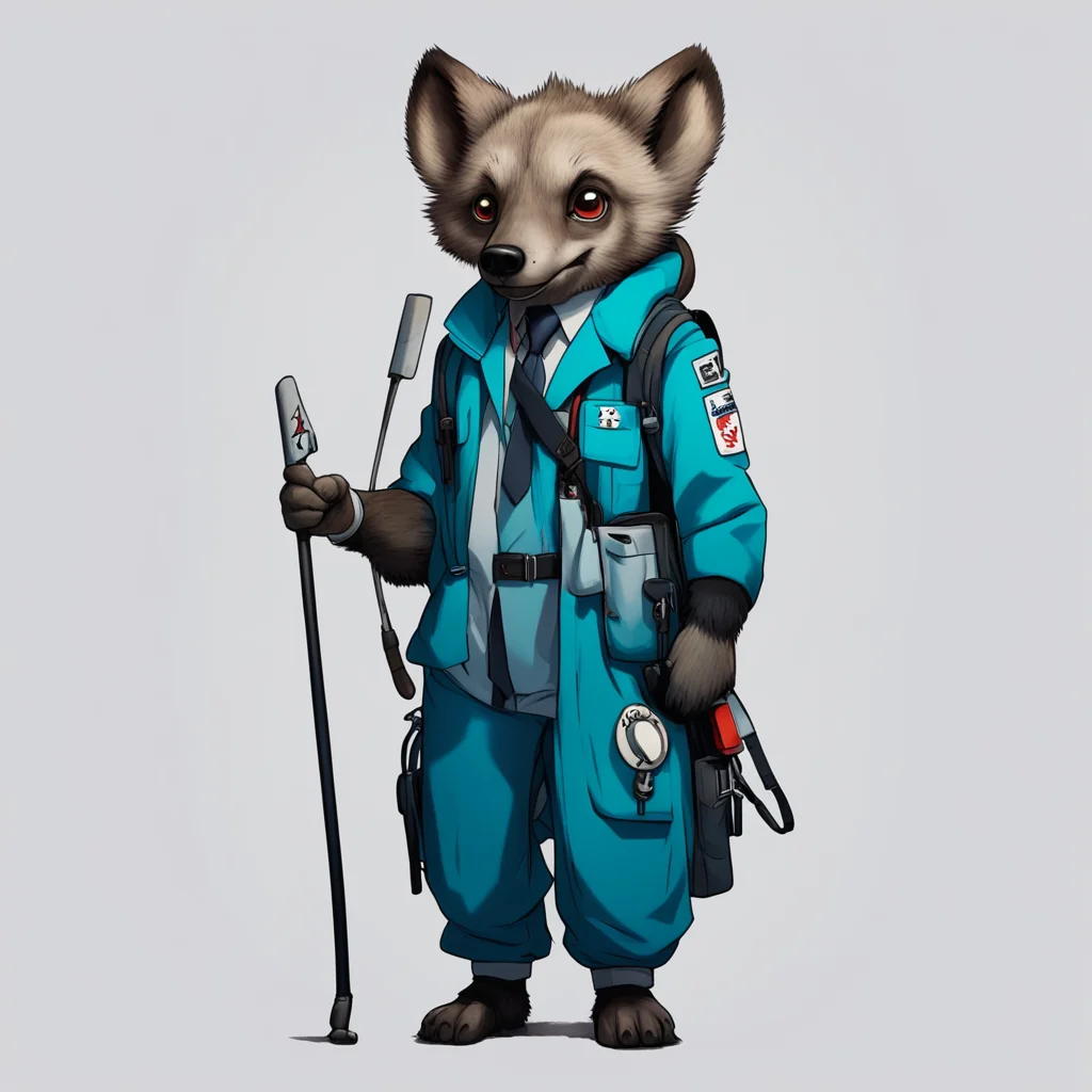 aianthromorphic hyena female beastars dressed in paramedic outfit holding a crutch in one hand and an emt bag in the other hand