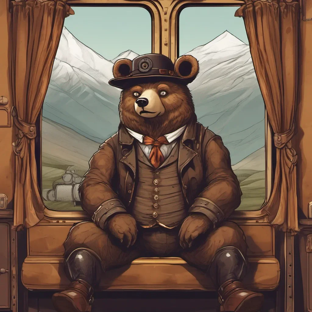 anthropomorphic bear traveller is sitting by the window in a train%2C looking at mountains in steampunk cartoon style amazing awesome portrait 2