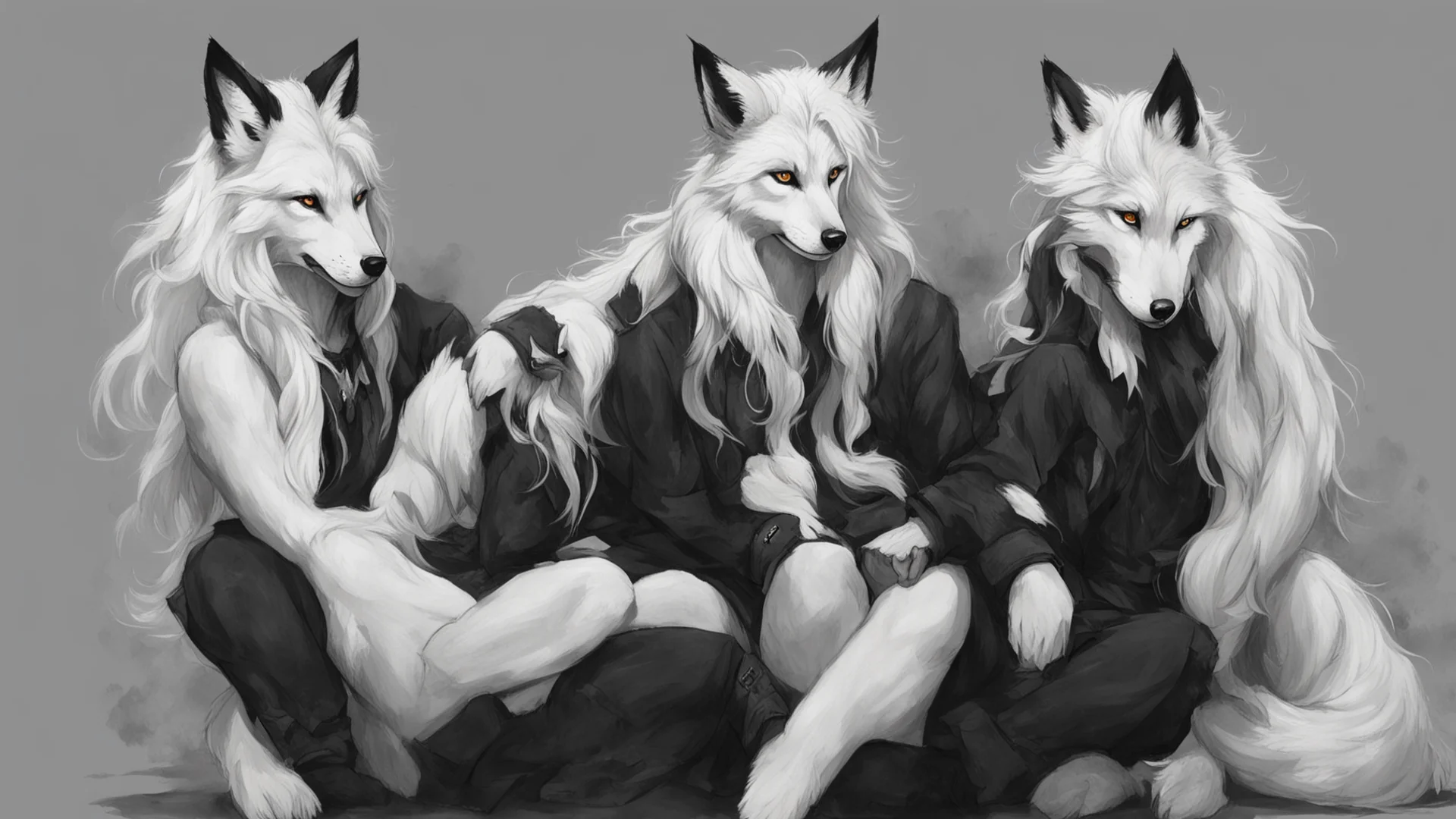 aianthropomorphic wolf male with long hair in a ponytail%2C anthropomorphic fox girl with wavy black and white hair sitting on his lap.  amazing awesome portrait 2 wide