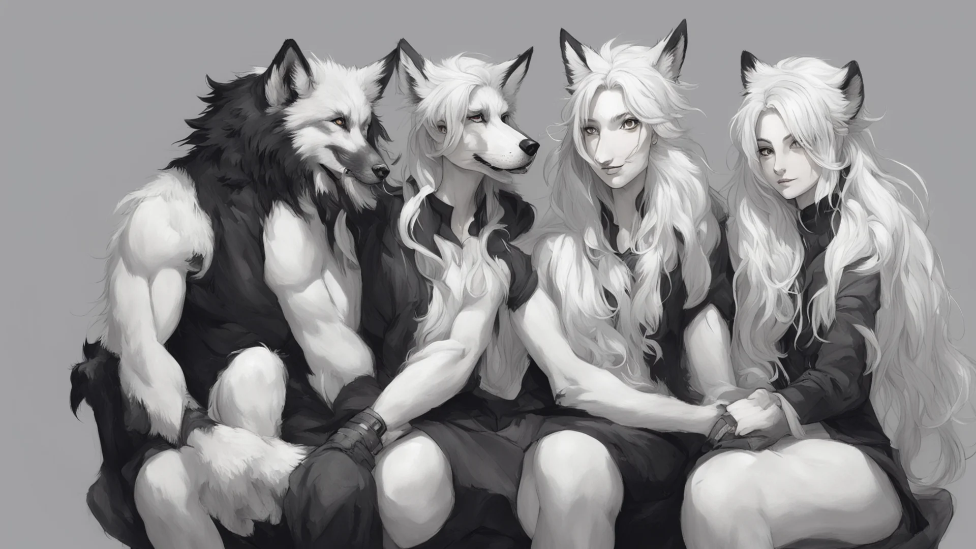 aianthropomorphic wolf male with long hair in a ponytail%2C anthropomorphic fox girl with wavy black and white hair sitting on his lap.  confident engaging wow artstation art 3 wide