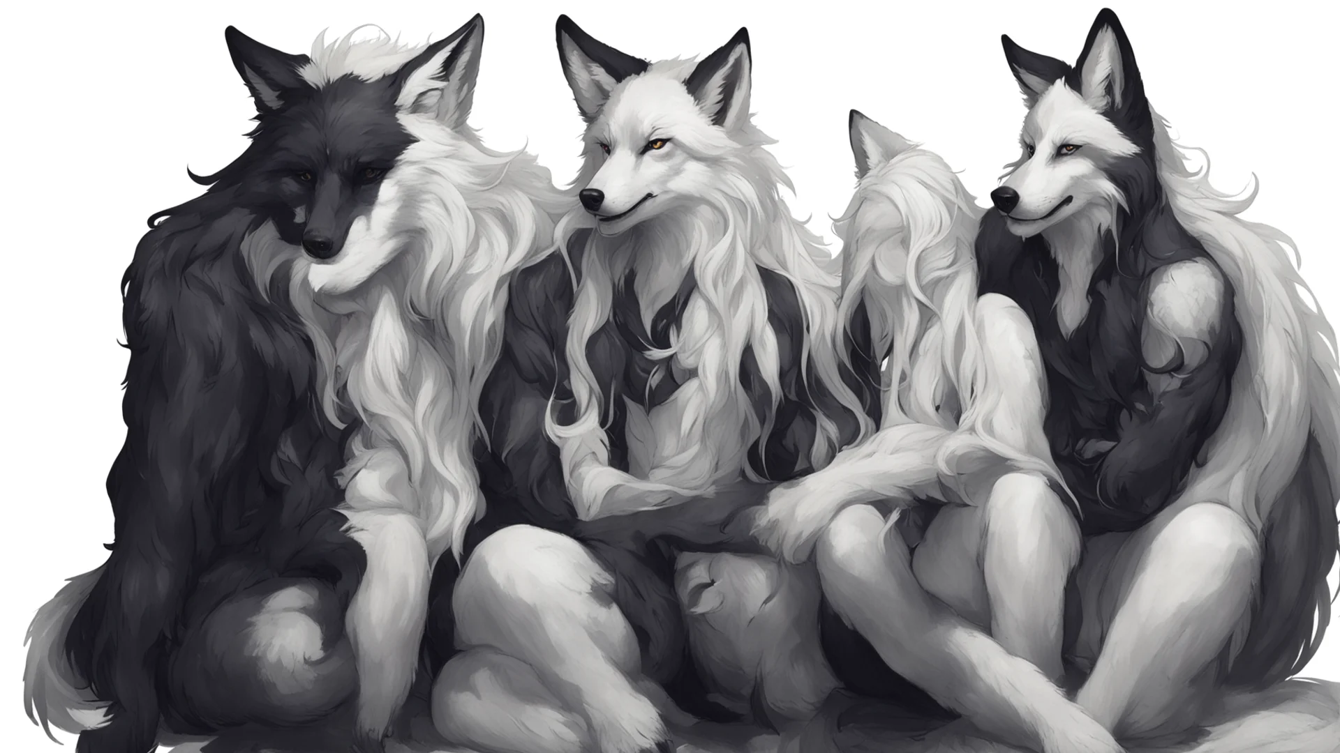 aianthropomorphic wolf male with long hair in a ponytail%2C anthropomorphic fox girl with wavy black and white hair sitting on his lap.  wide