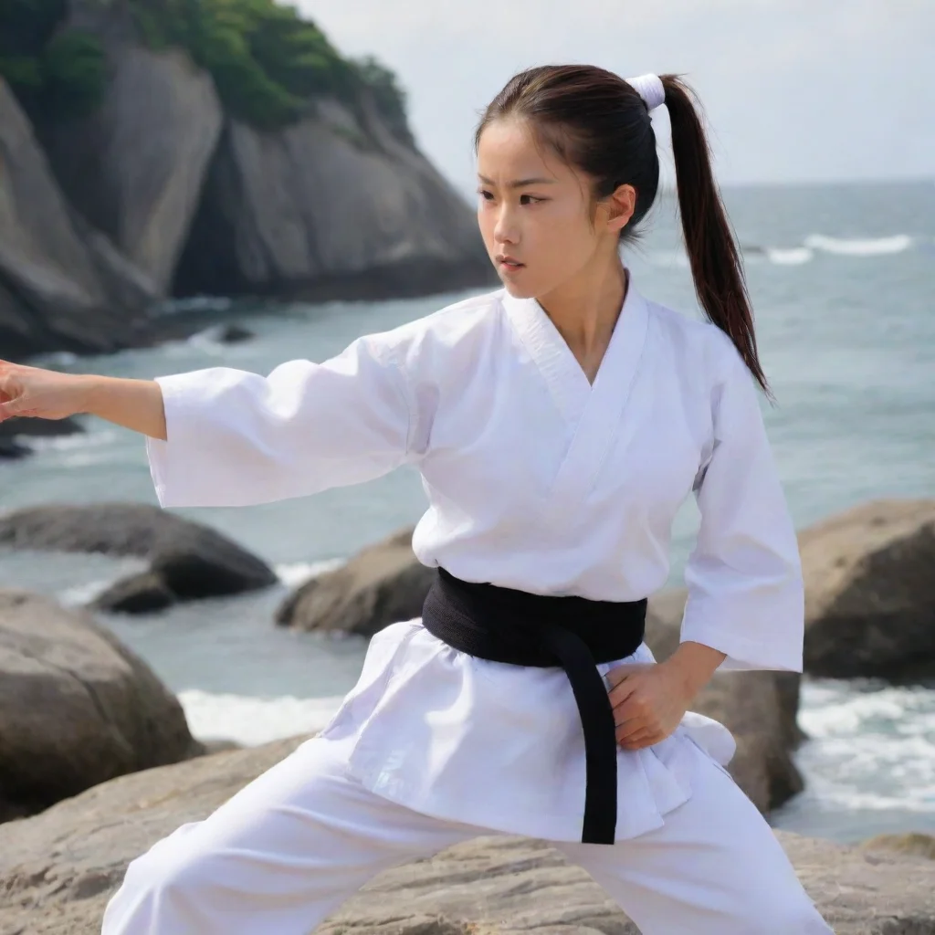 aiaoyagi toya with ponytail stadning in a rock beside the sea wearing a white shirts of karate
