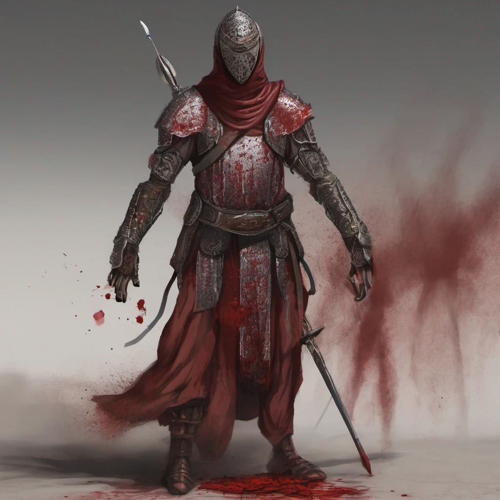 arabian worrier wearing iron armor which is covered in blood