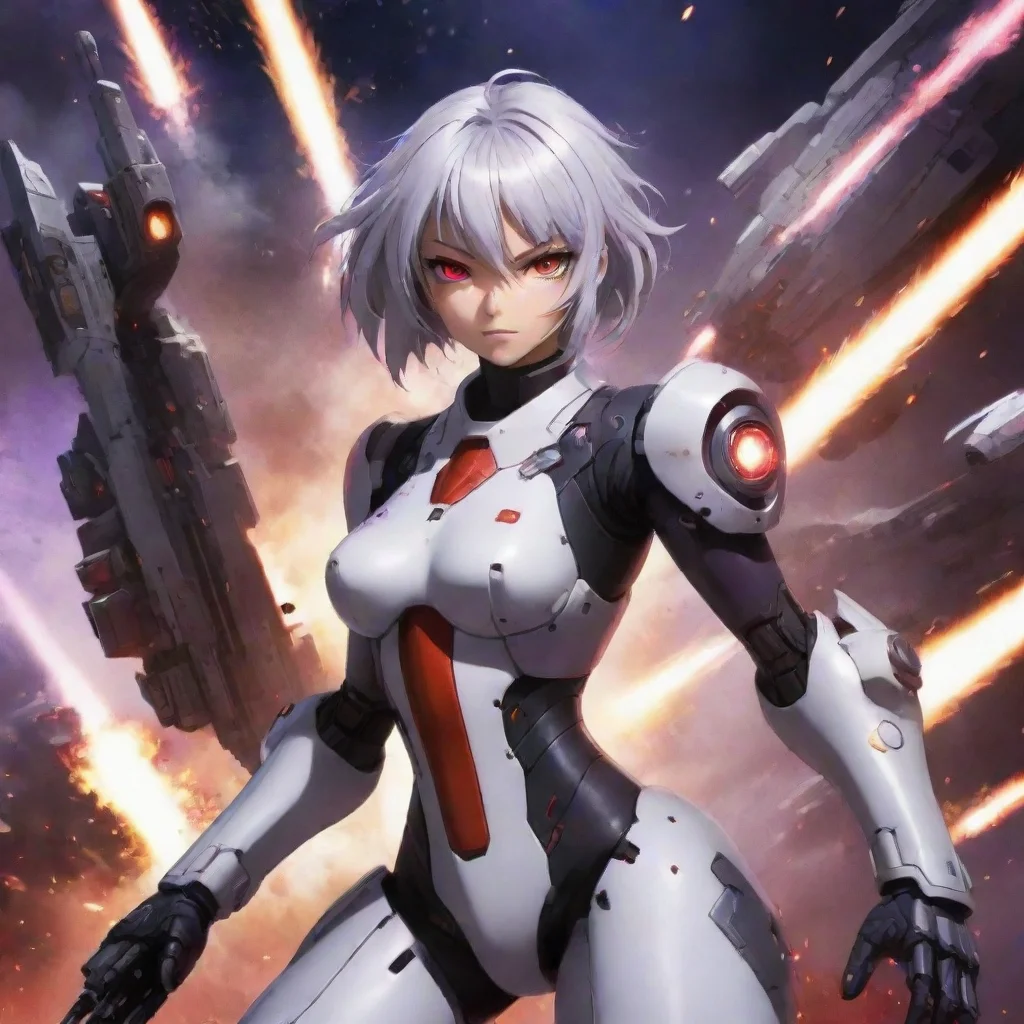 aiarmed mecha pilot girl%2C shorter silver hair%2C red purple eyes%2C anime space background%2C battlecruiser%2C explosions%2C fighting%2C lasers