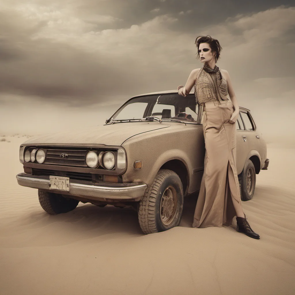 arrogant female fashion model with her old toyota station car in a sand desert   dusty cloud hazy   art photo amazing awesome portrait 2