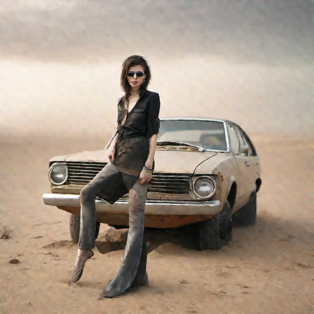 arrogant female fashion model with her old toyota station car in a sand desert   dusty cloud hazy   art photo confident engaging wow artstation art 3
