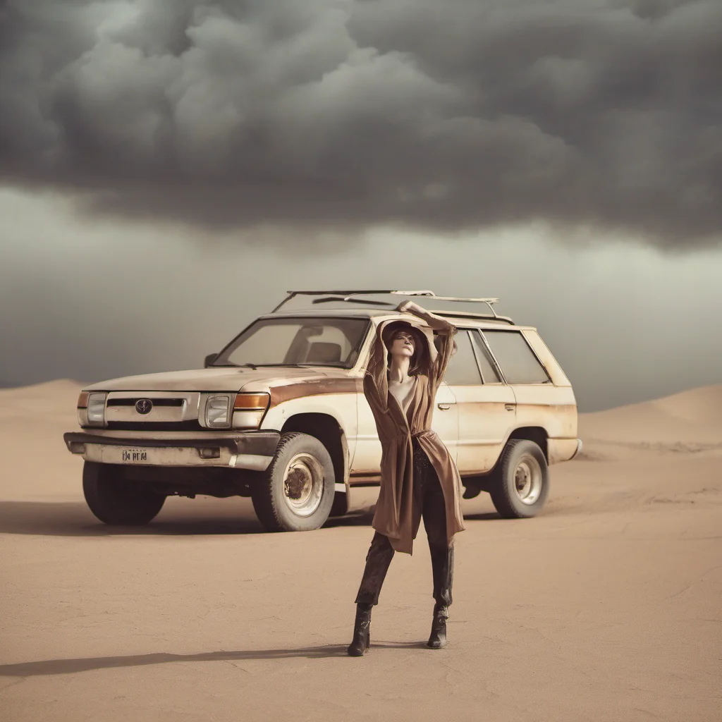 arrogant female fashion model with her old toyota station car in a sand desert   dusty cloud hazy   art photo good looking trending fantastic 1