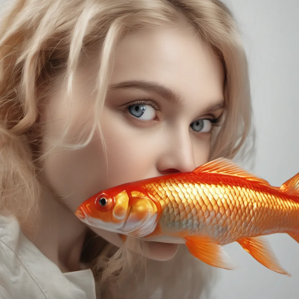 art photo of beautiful girl biting off the tail of a big goldfish amazing awesome portrait 2