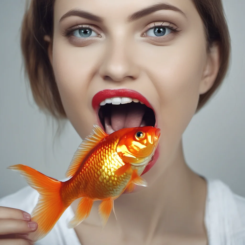 art photo of beautiful girl eating a big goldfish in her mouth confident engaging wow artstation art 3