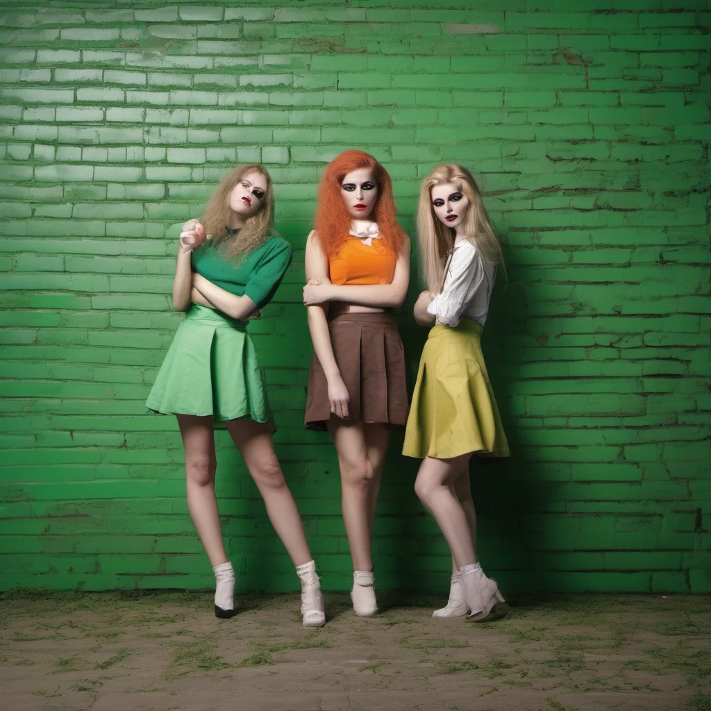 artistic photo of two dutch provocative party girls with very short skirts and lots of make up in front of an old green wall good looking trending fantastic 1