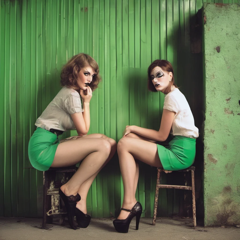 artistic photo of two dutch provocative party girls with very short skirts and lots of make up in front of an old green wall