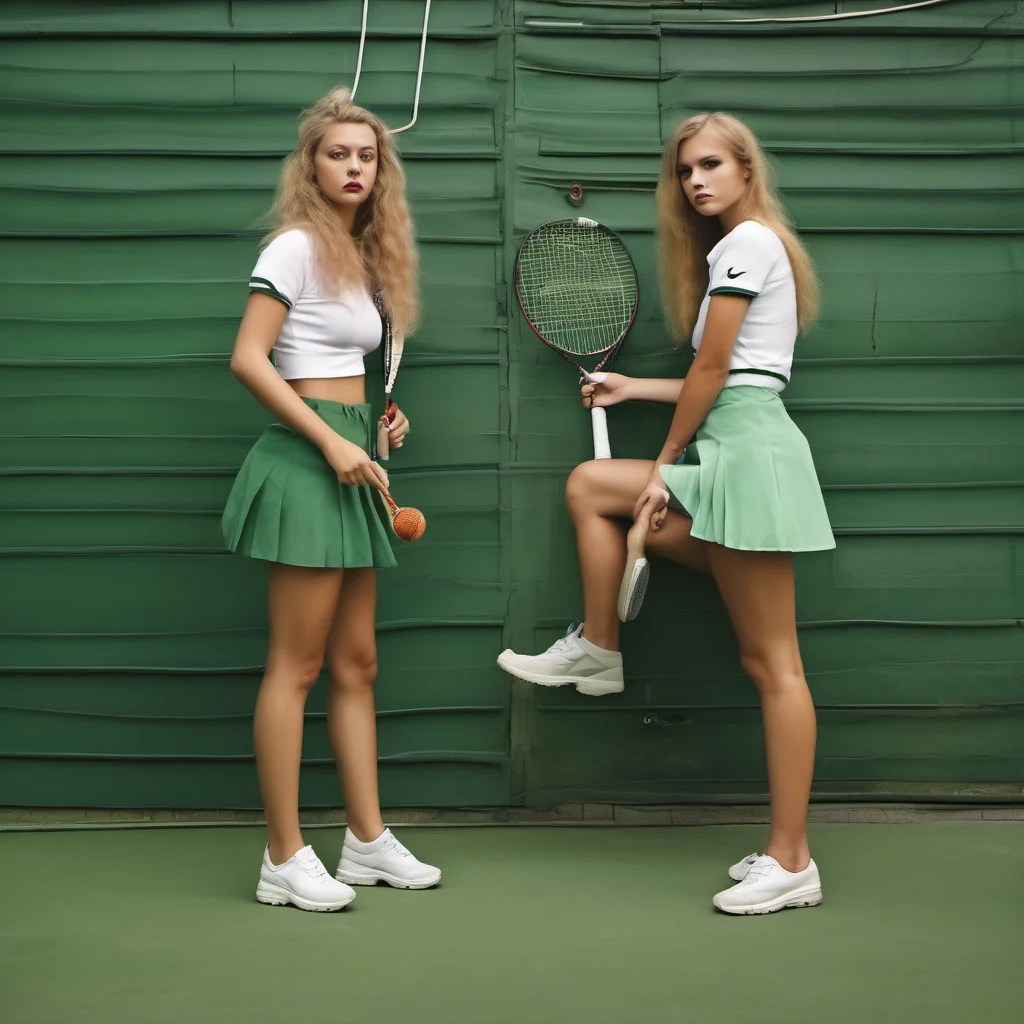 artistic photo of two dutch provocative tennis girls with very short skirts and lots of make up in front of an old green wall confident engaging wow artstation art 3
