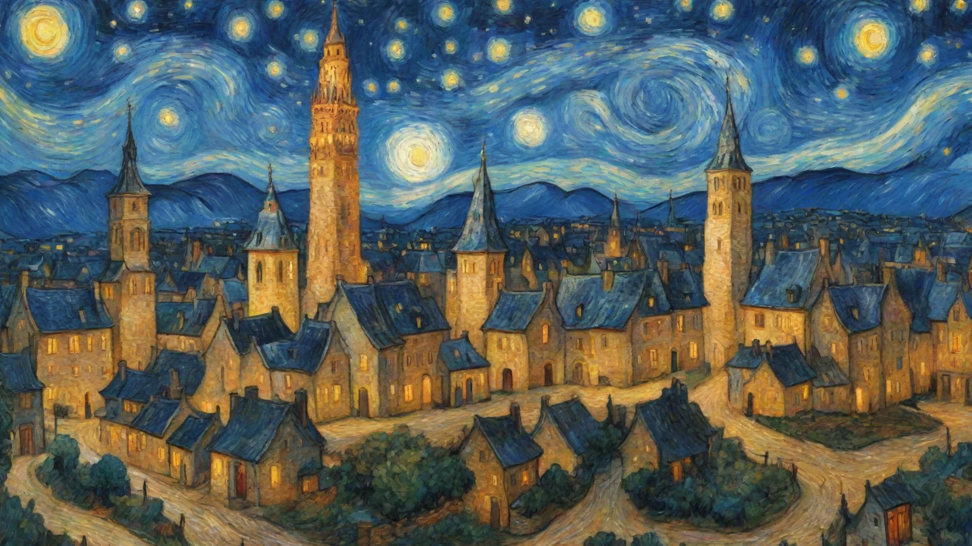 aiartistic van gogh village at night starry spiraling towers amazing hd aesthetic wide