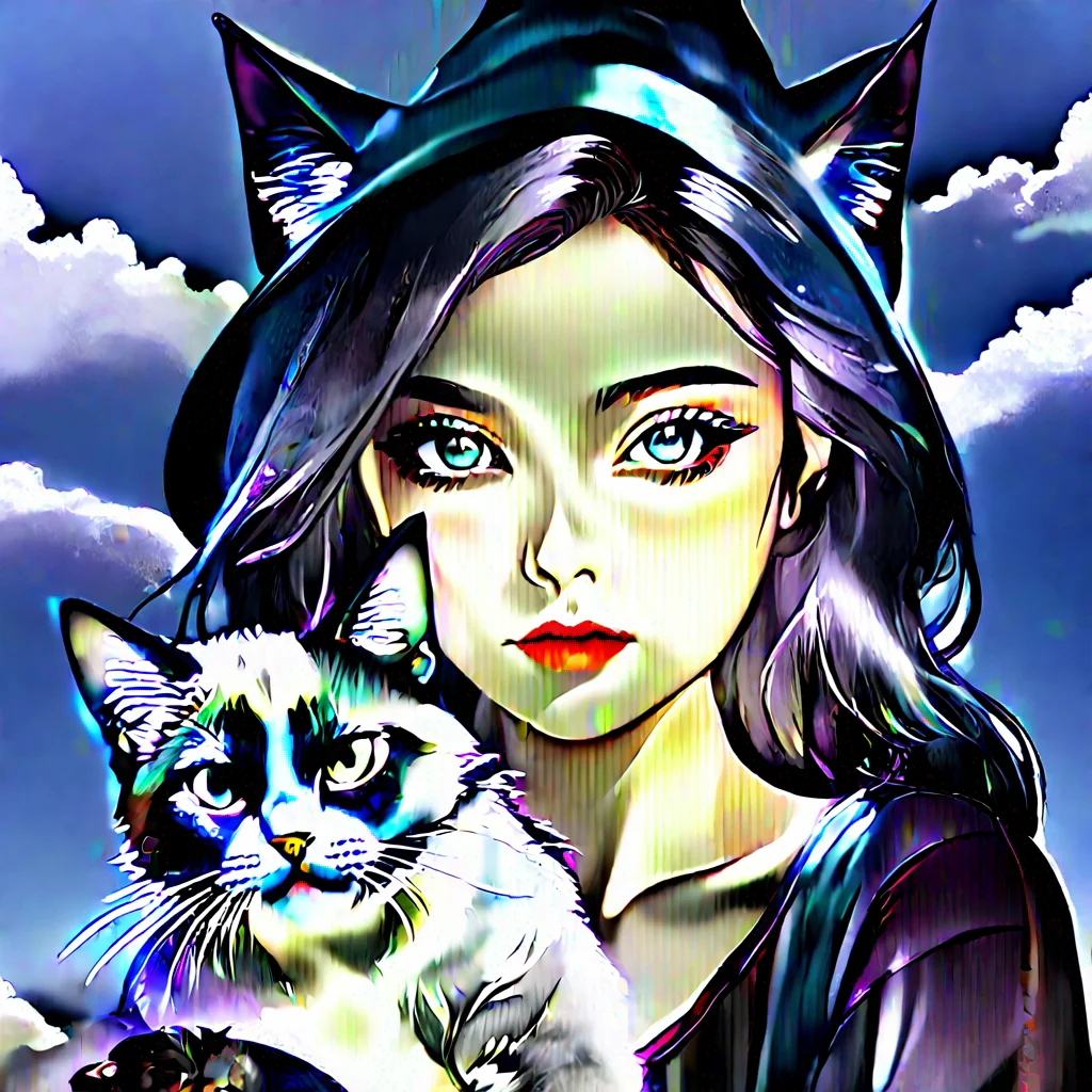 artistic witch black hat anime wonderful detailed aesthetic woman with cats