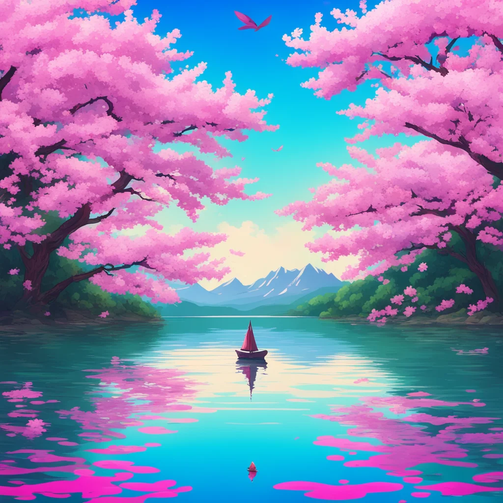 aiartstation art  an anime style movie poster with a small sailboat sailing on a lake%2C and cherry blossoms floating in the wind  confident engaging wow 3
