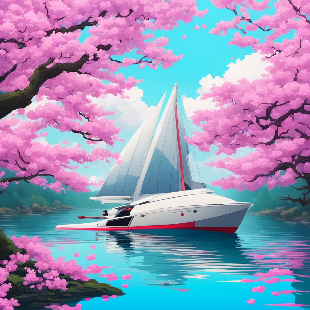 aiartstation art  an anime style movie poster with a trimaran sailing on a lake%2C and cherry blossoms floating in the wind  confident engaging wow 3