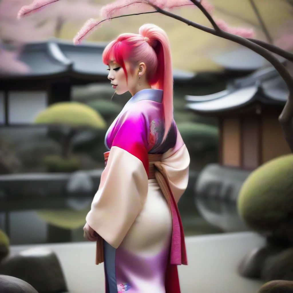 artstation art  chick with pink hair with a very long ponytail with fringes dressed in a very tight pink kimono in a japanese garden confident engaging wow 3