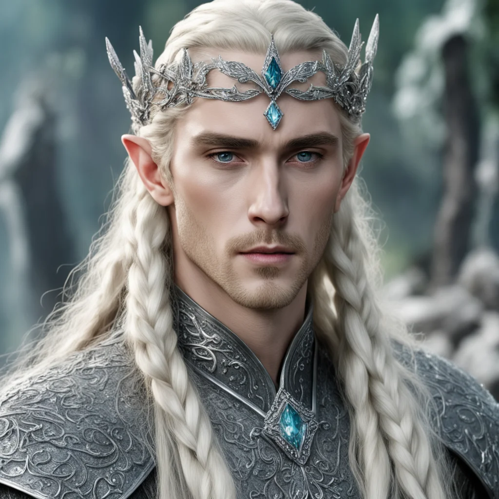 aiartstation art  king thranduil with blond hair and braids wearing silver flower serpentine sindarin elvish circlet encrusted with diamonds with large center diamond  confident engaging wow 3