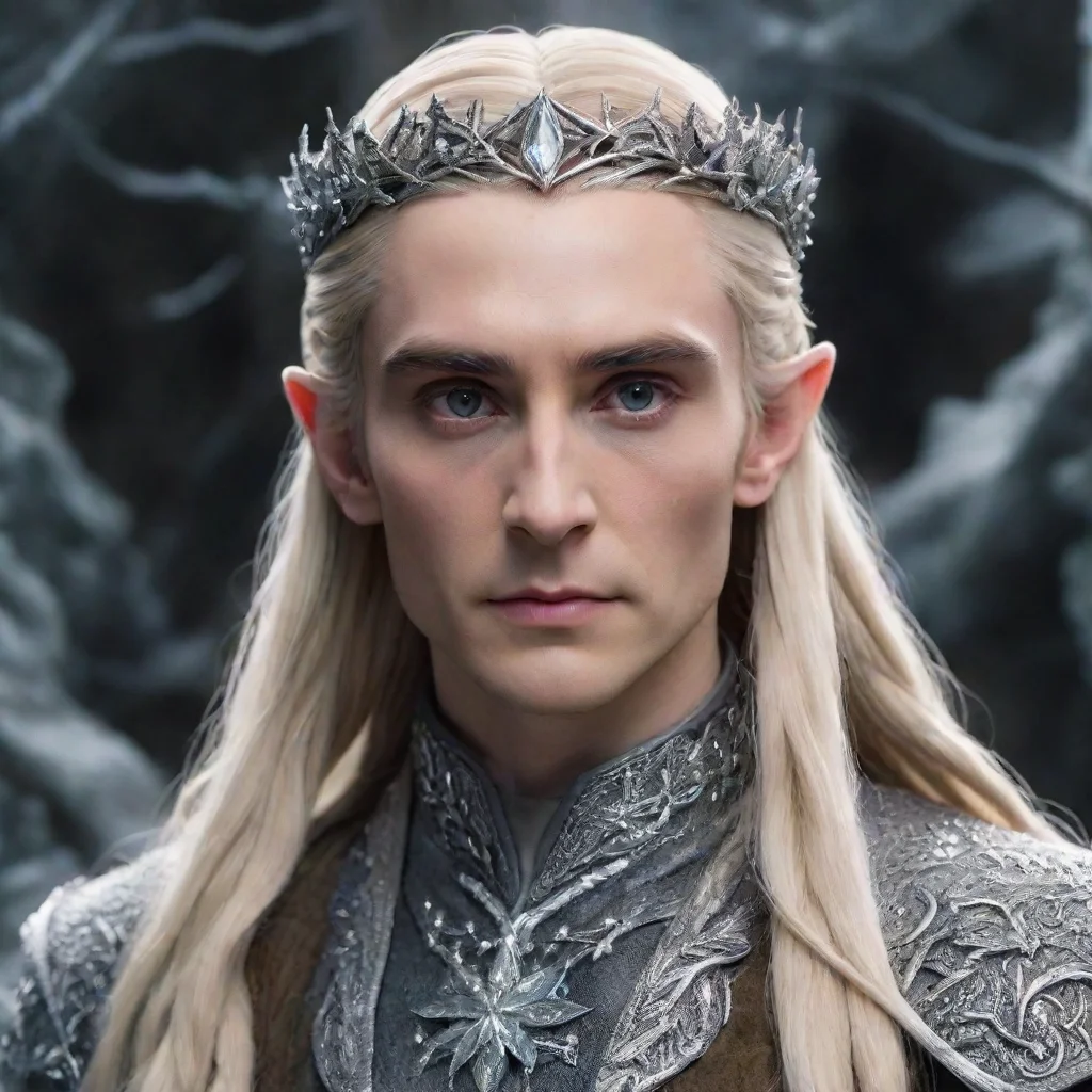 artstation art  king thranduil with blond hair and braids wearing silver holly leaves encrusted with diamonds with clusters of diamond berries to form a silver sindarin elvish circlet with large cen