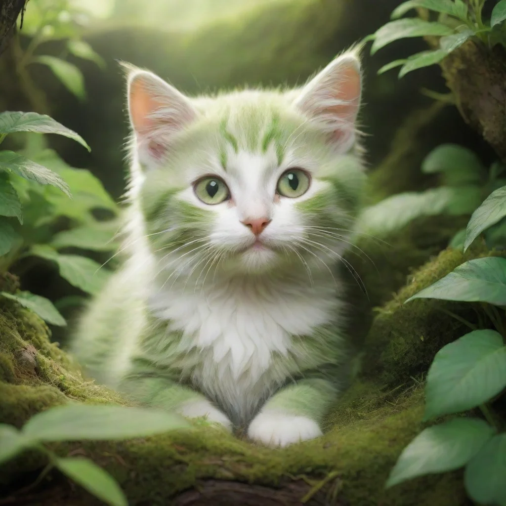 aiartstation art  serene green kitten in repose nestled amidst a miyazaki style intricate environment soft fuzzy te confident engaging wow 3